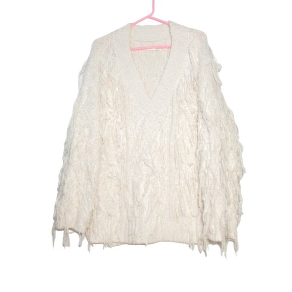 By Anthropologie Fringed Pullover Sweater Ivory White w/ Shimmer - Medium. - Picture 8 of 16